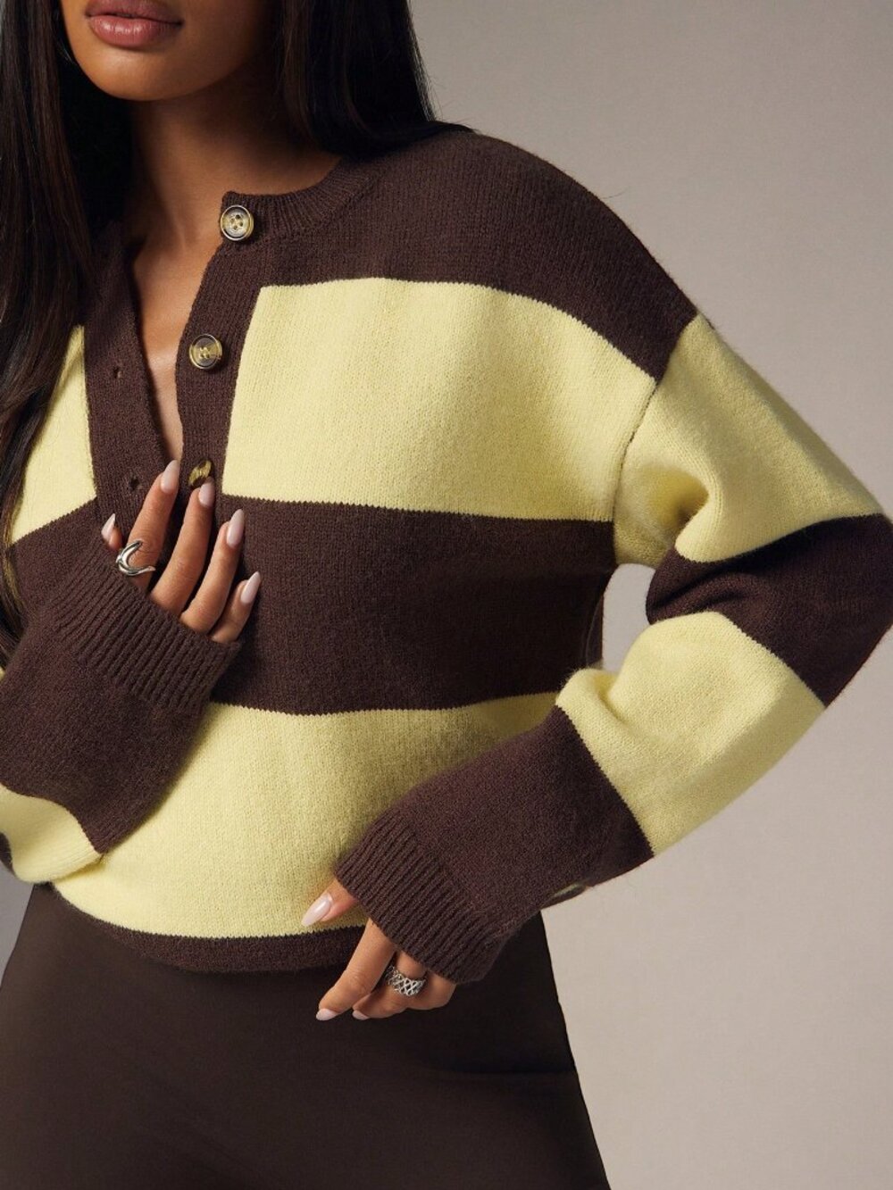 Brown Casual Women's Contrast Striped Button Front Drop Sleeve Pullover - Picture 5 of 6